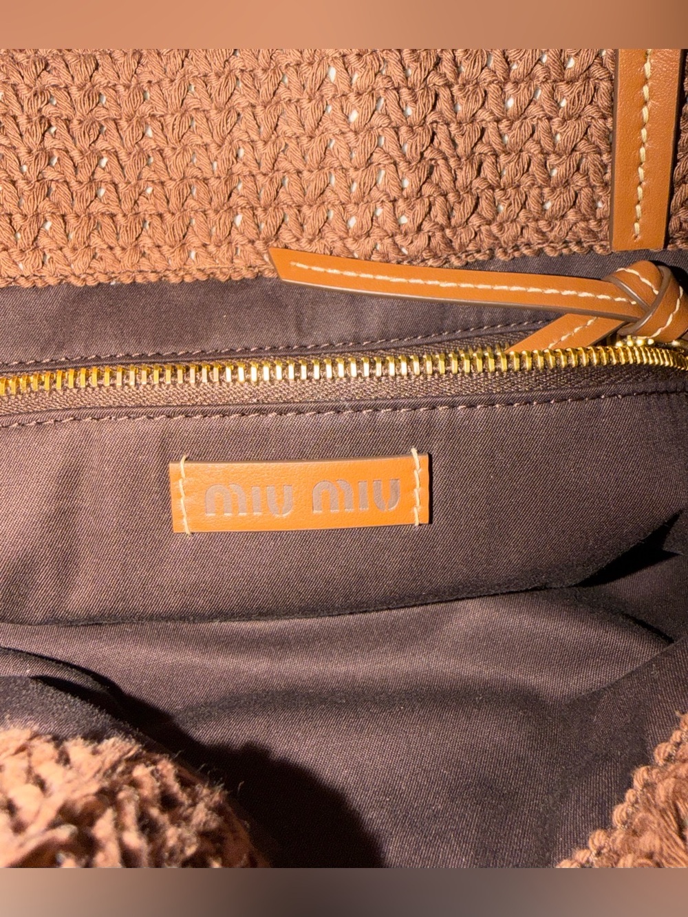 Miu Miu Crochet Knit Shopping Tote Bag Brown Pink Striped Large Raffia-effect - Picture 11 of 14